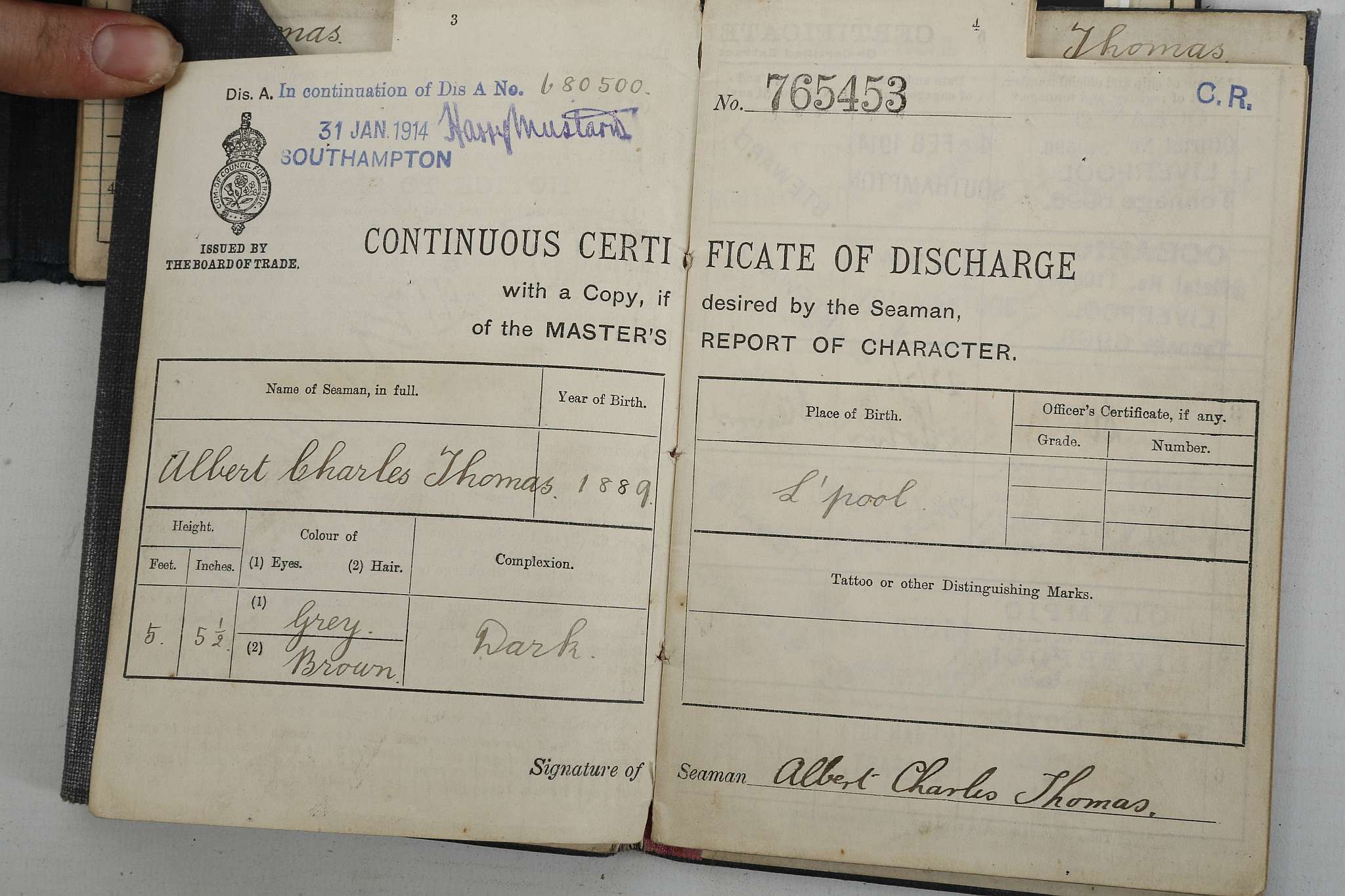 R.M.S. TITANIC - Albert Charles THOMAS (1889-1973).  "No. 680500. Continuous Certificate of - Image 6 of 7