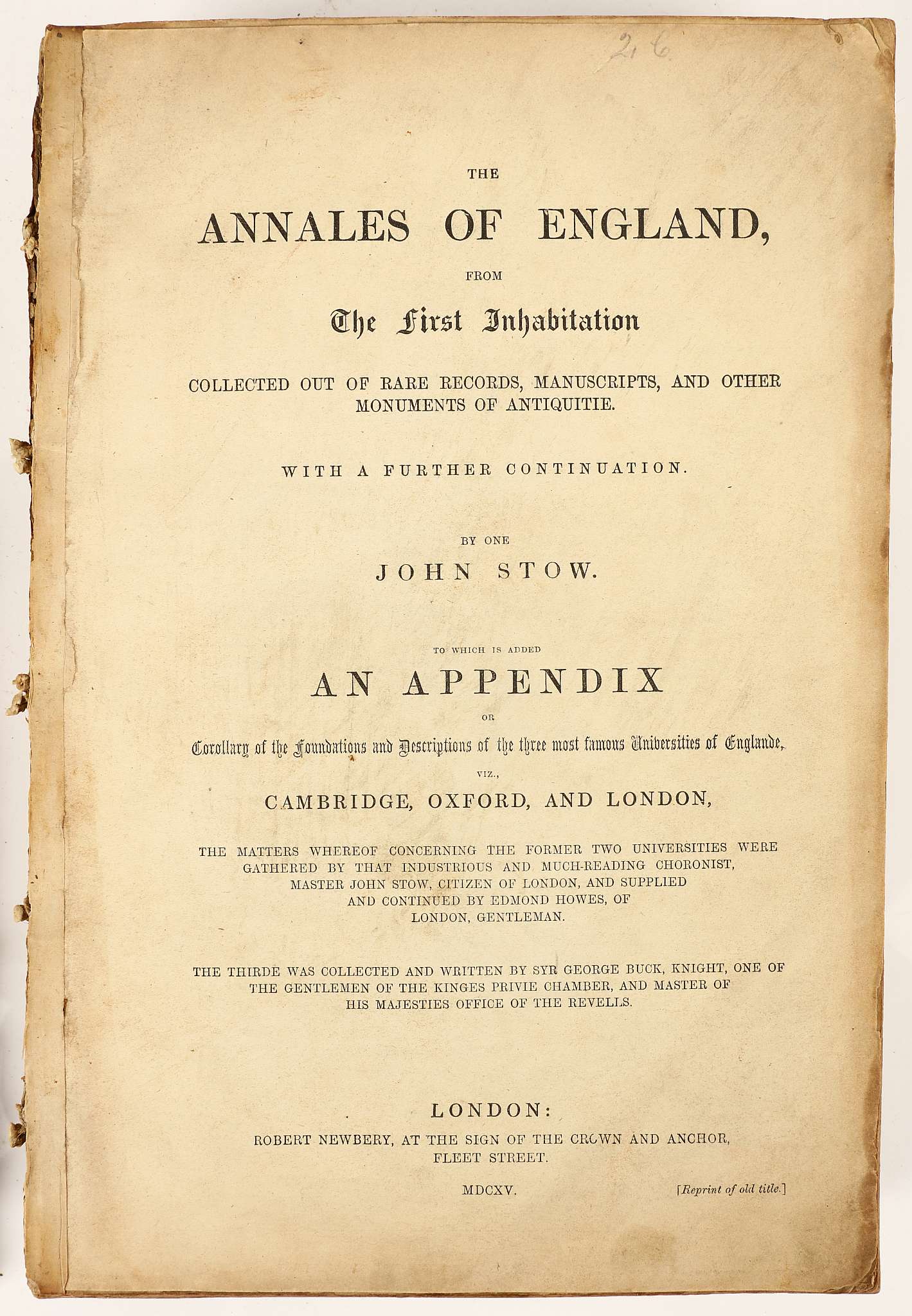 STOW, John (1524/5-1605). The  Annales, or a general Chronicle of England. London: Thomas Adams, - Image 2 of 3