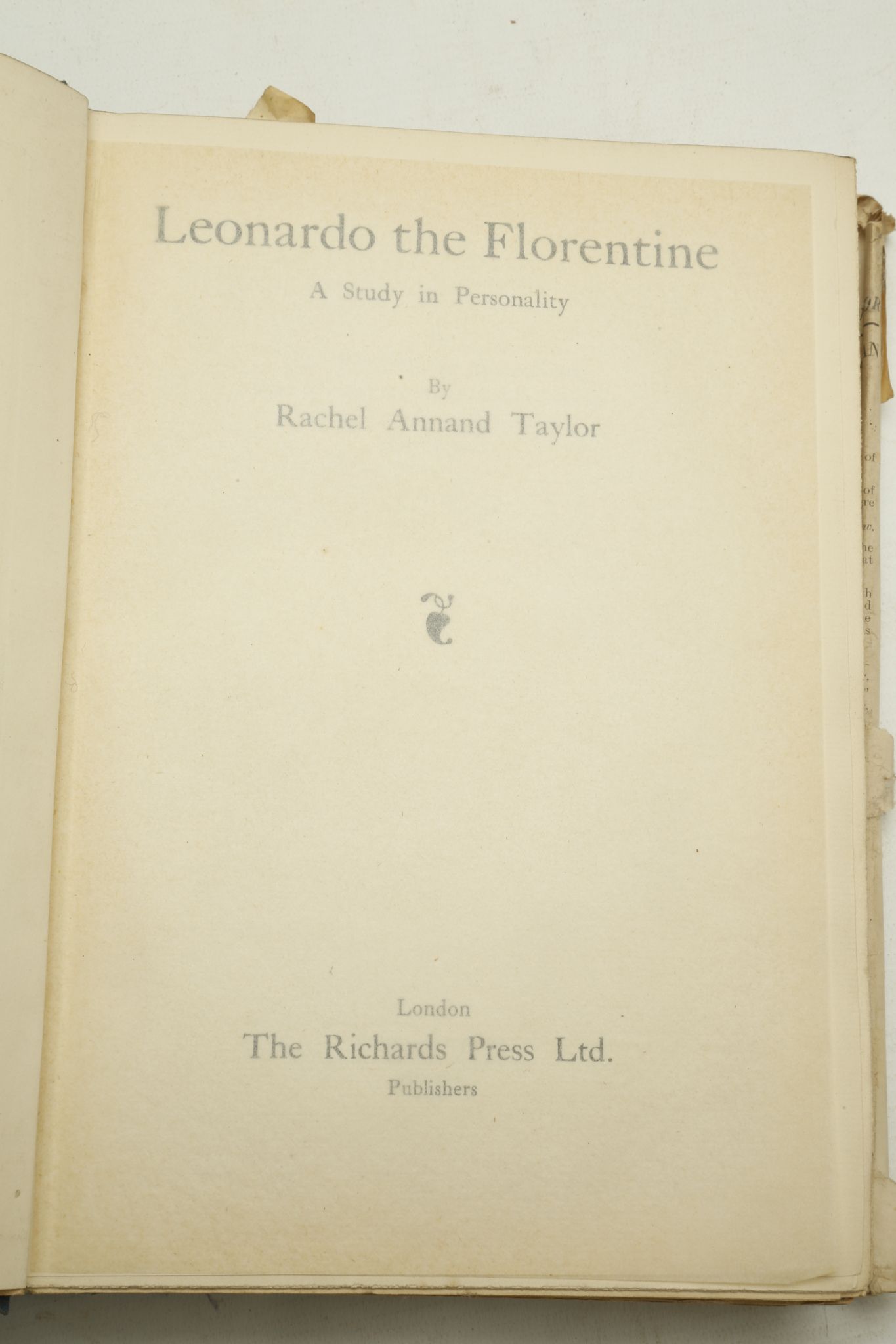 TAYLOR, Rachel Annand (1876-1960). Leonardo The Florentine. London: The Richards Press Ltd., 1927. - Image 4 of 5