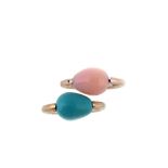 A pair of rose quartz and turquoise rings, by Morganne Bello Each polished band accented by a pear-