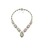 A gold, opal and enamel necklace and bracelet suite The 18 carat yellow gold necklace set to the