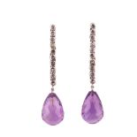 A pair of amethyst and diamond pendent earrings Each articulated line of rose-cut diamonds,