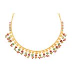 An emerald and ruby fringe necklace The fancy-link chain set to the front with foliate motifs,