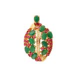 A ruby, emerald and diamond pendant, earring and ring suite Of stylised leaf design, the pendant