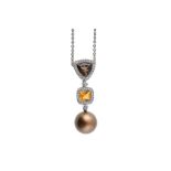 A citrine, smoky quartz, cultured pearl and diamond pendant necklace The pendant designed as a