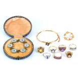 A mixed collection of jewellery to include a 9ct gem set rings, three 18ct gem set rings, a 14ct