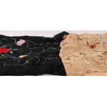 Five silk piano shawls, in cream, latte and black respectively and embroidered with flowers and