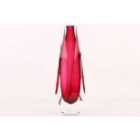 A 1960s MURANO SOMMERSO GLASS VASE, faceted design, in clear cased cerise glass, (30 cm high)