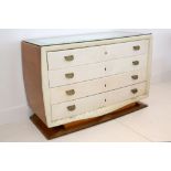 A 1950s ITALIAN PARCHMENT FRONT CHEST OF DRAWERS, with mirrored top, four drawers with lacquered