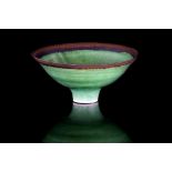 DAME LUCIE RIE, (BRITISH/AUSTRIAN 1902-1995), PORCELAIN FOOTED BOWL, CIRCA 1985, with bottle green
