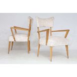 A PAIR OF 1950s FRENCH OCCASIONAL ARMCHAIRS, with faux fur seat and back rest, on beech frame (