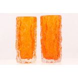 A PAIR OF 1960s WHITEFRIARS BARK VASES, in tangarine coloured glass, (19 cm high)