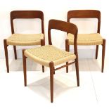 A SET OF THREE 1960s DANISH TEAK DINING CHAIRS, designed by J.L. Moller, with papercord seats,