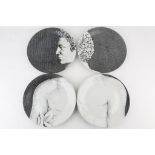 A SET OF 12 PIERO FORNASETTI 'ADAMO' PLATES, circa 1950s, transfer printed porcelain, stamped with