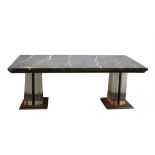 A 1960s ITALIAN DINING TABLE, with black marble top, having brass stepped edge, on twin perspex