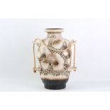 A LARGE DUMLER & BREIDEN 1960s FAT LAVE GERMAN VASE, in brown and cream glazes, with rope handle,