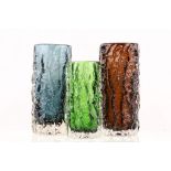 A COLLECTION OF THREE 1960s WHITEFRIARS BARK VASES, in cinnamon, blue and green glass, (19 cm and