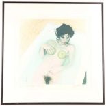 A MODERNIST LATE 20th CENTURY LITHOGRAPH IN COLOURS, post punk image of a female nude in the bath,