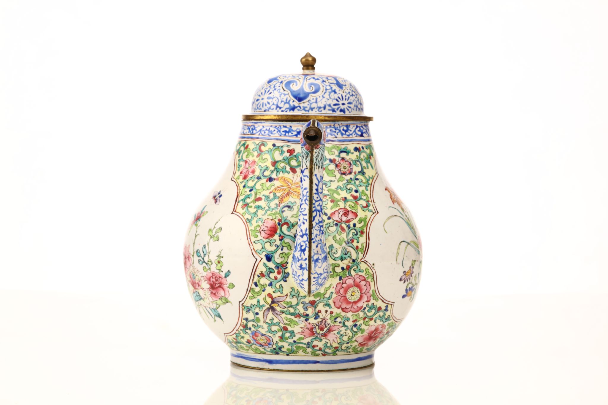 A CHINESE CANTON ENAMEL TEAPOT AND COVER. Qing Dynasty, 18th Century. The pear-shaped body with - Image 3 of 8