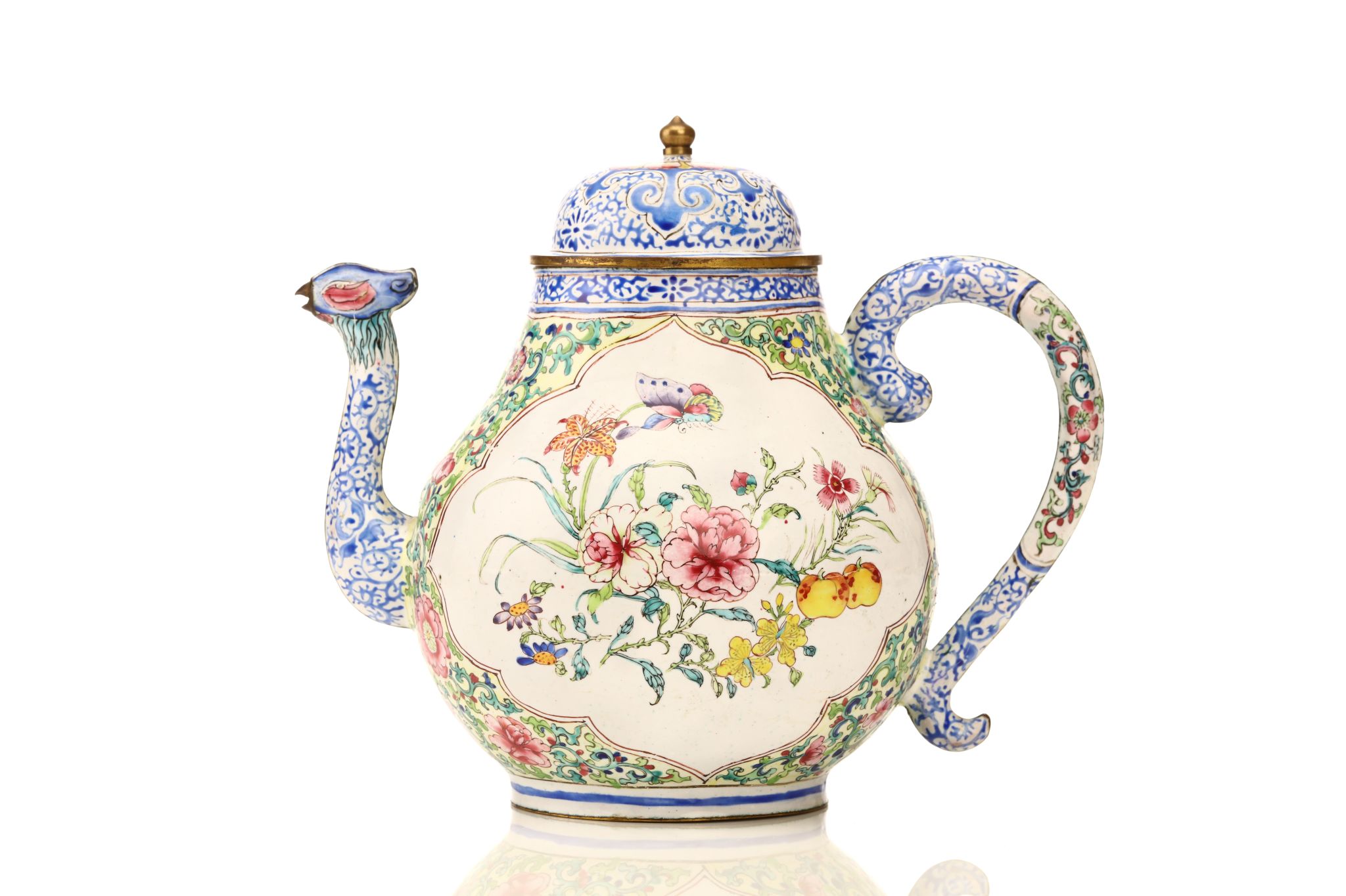 A CHINESE CANTON ENAMEL TEAPOT AND COVER. Qing Dynasty, 18th Century. The pear-shaped body with - Image 2 of 8