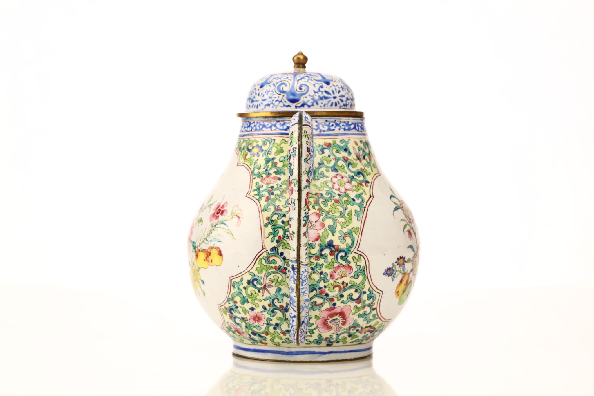 A CHINESE CANTON ENAMEL TEAPOT AND COVER. Qing Dynasty, 18th Century. The pear-shaped body with - Image 5 of 8