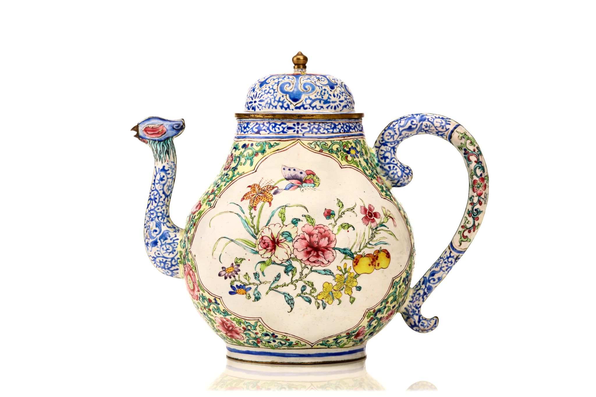 A CHINESE CANTON ENAMEL TEAPOT AND COVER. Qing Dynasty, 18th Century. The pear-shaped body with