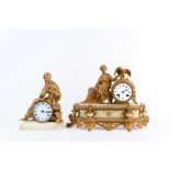 TWO LATE 19TH CENTURY FRENCH GILT METAL FIGURAL MANTEL CLOCKS DEPICTING CLASSICAL MAIDENS the