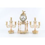 A LATE 19TH CENTURY FRENCH LOUIS XVI STYLE GILT METAL AND MARBLE PORTICO CLOCK GARNITURE the clock