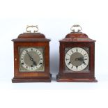 TWO GEORGE II STYLE TRIPLE TRAIN CHIMING BRACKET CLOCKS both with swing handles over bell tops, with