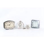 AN EARLY 20TH CENTURY SMITHS CHROME FRAMED MANTLE CLOCK TOGETHER WITH THREE FURTHER CHROME AND GLASS