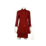 Karl Lagerfeld red crepe wool skirt suit, 1990s, the jacket long with flat square silver metal