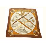 Hermes 'Armes de Chasse' silk scarf, designed in 1970 by Philippe Ledoux, on brown ground, 90cm x