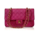 Chanel hot pink silk medium Classic Flap bag, date code for 1991-94, gilt metal hardware and leather