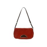 Christian Dior red pony skin clutch bag, with brown patent leather strap and pebble details, 27cm