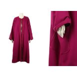 Voyage magenta wool coat/gown, 1990s, with attractive braid trim, lined with towelled leopard print,