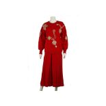 Escada by Margaretha Ley red ensemble, c.1989, comprising a red wool jumper with gilt bauble design,