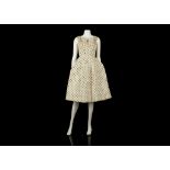 Liberty of London 1950s ball gown, cream silk with black polka dot design, with full skirt and