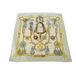 Hermes 'Frontaux et Cocardes' silk scarf, designed in 1963 by Caty Latham, on pale blue ground, 90cm