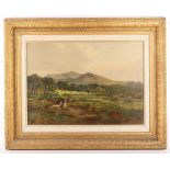 Mid - late 19th Century English school. 'Home from the Fields'. Oil on canvas landscape with views