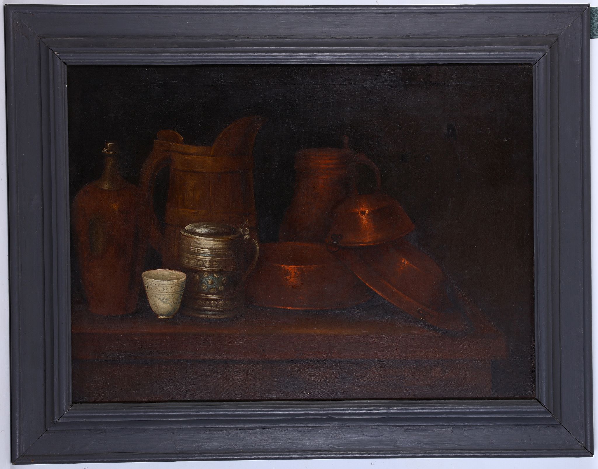 Circa late 19th Century Continental, possibly German. Interior oil on canvas still life of copper