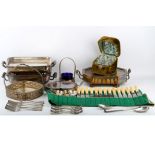 Comprising: four dish warmers, two baskets, a cased set of four cut-glass bottles with pull-off