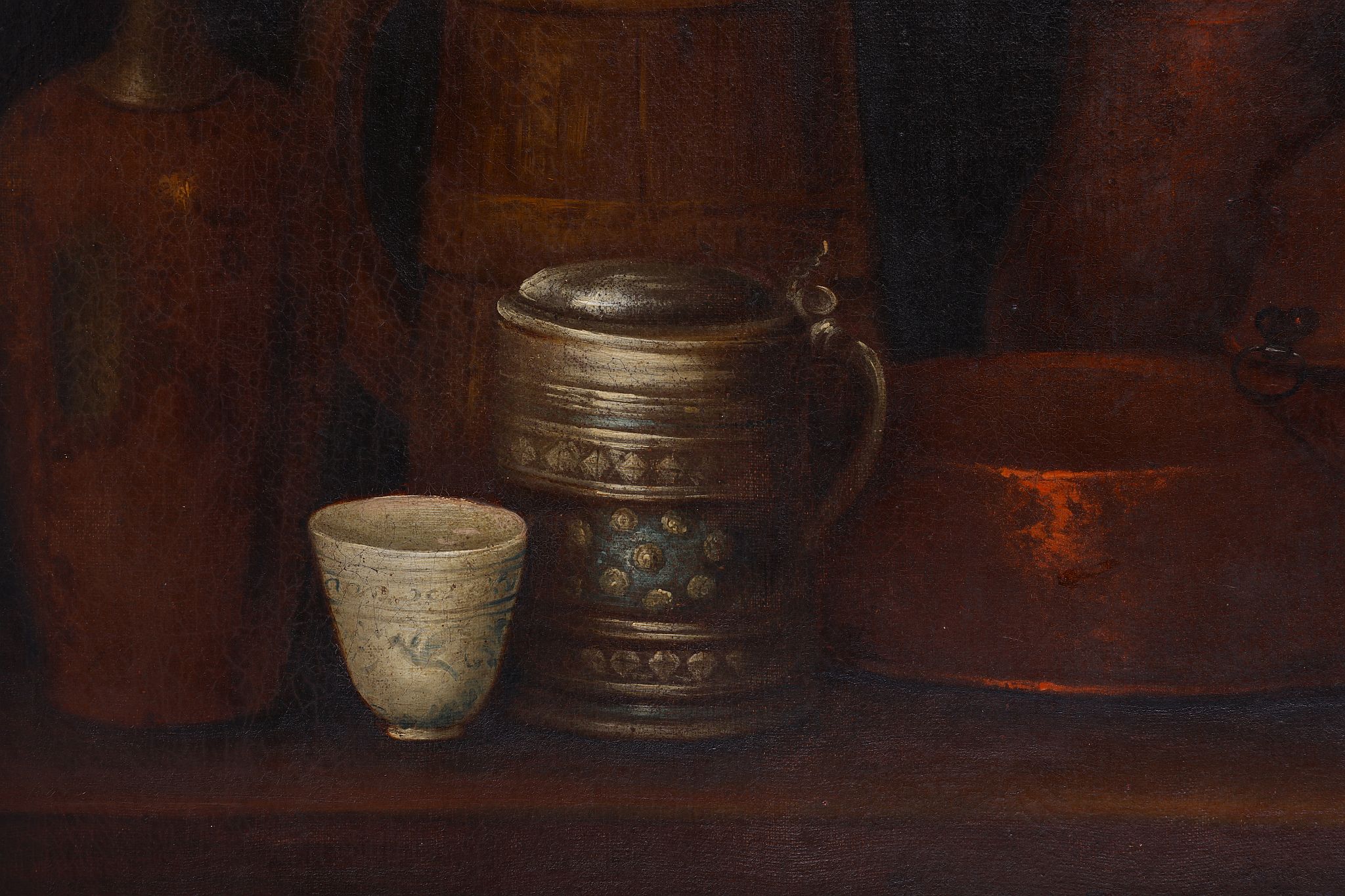 Circa late 19th Century Continental, possibly German. Interior oil on canvas still life of copper - Image 2 of 4