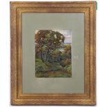 20th Century British school. Oil on board, late summer landscape. Unsigned. Mounted, glazed and