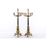 A pair of French Empire style, 19th Century, gilded brass five branch table candelabra, with