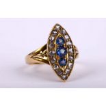 A gold, sapphire and diamond dress ring, circa 1900, The navette-shaped mount set with a trio of