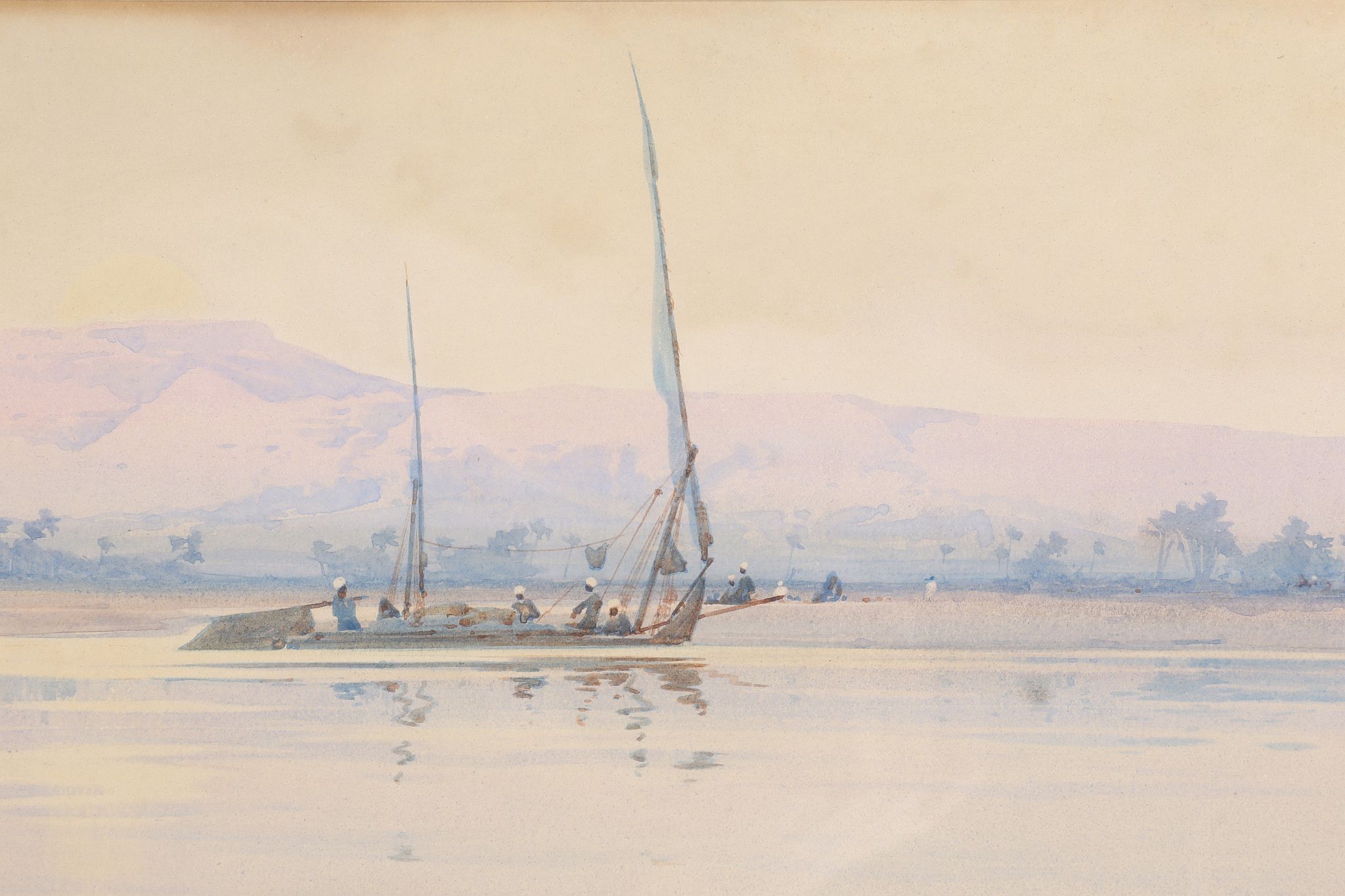 Augustus Osborne Lamplough 1870-1930, 'Sailboat at Dusk', watercolour, signed lower left, 24 x 62cm, - Image 3 of 4