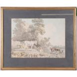 'Horses & Cattle in the Landscape', pen, ink with watercolour wash on laid paper, unsigned,