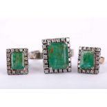 An emerald and diamond cluster ring and earstuds, ring stamped 18K (2)