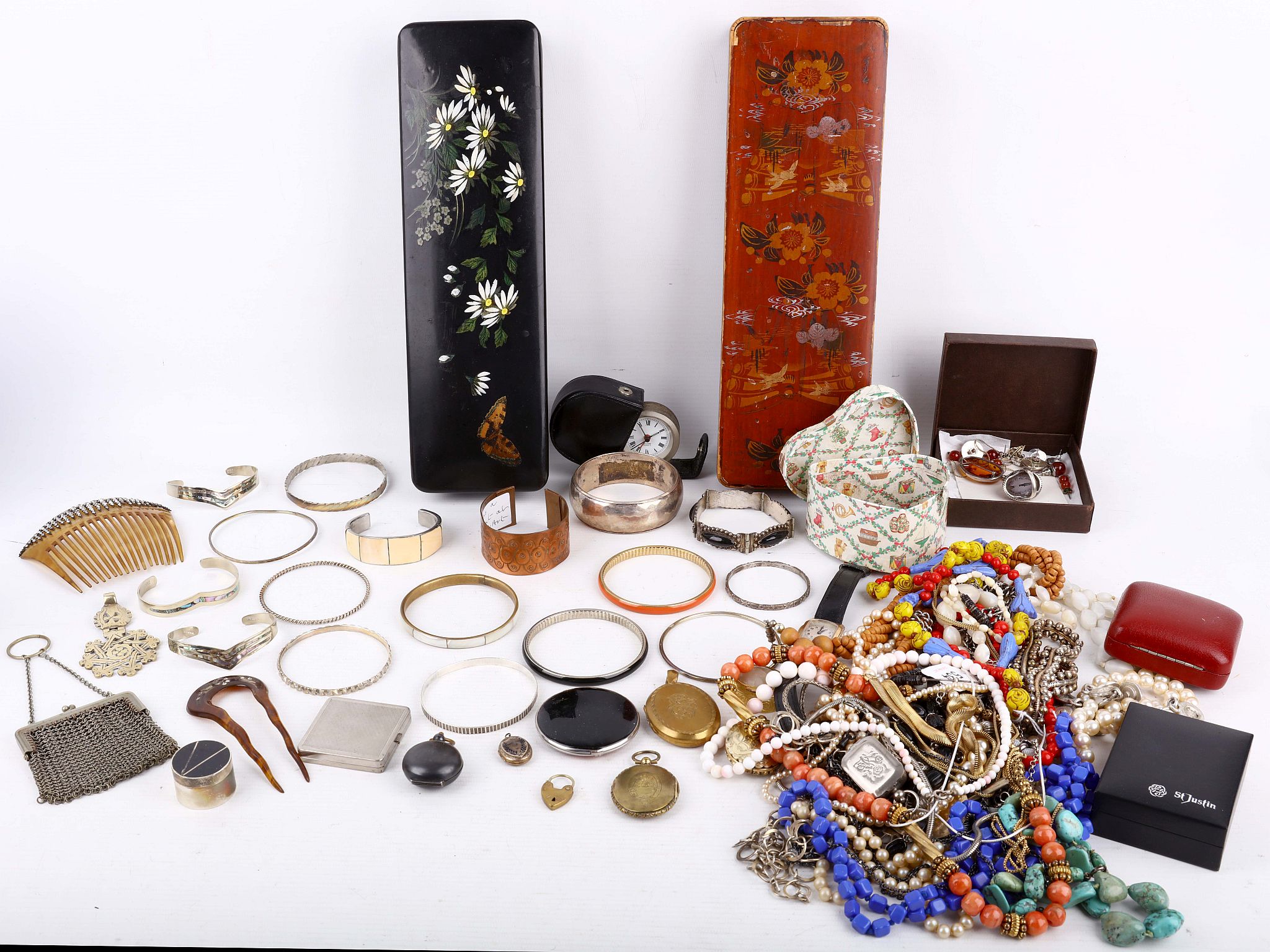 A large collection of costume jewellery, accessories and two decorative boxes