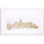 A contemporary screenprint, depicting a montage of stylised world landmarks, hand embellished with